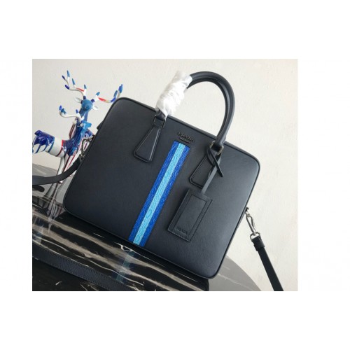 Prada 2VE368 Saffiano Leather Briefcase Bag in Navy Blue Saffiano leather With Blue Light Blue Web