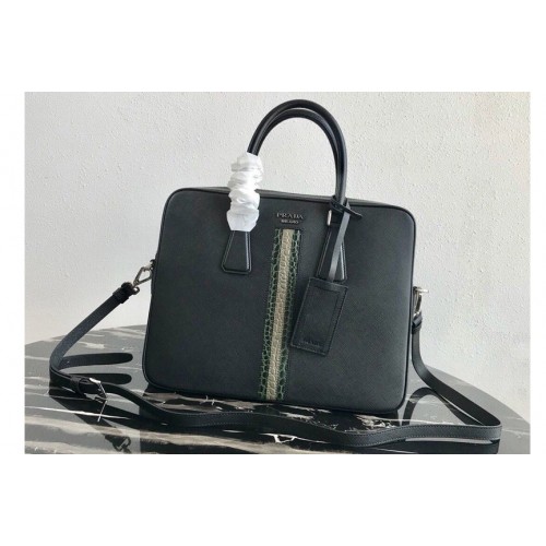 Prada 2VE368 Saffiano Leather Briefcase Bag in Black Saffiano leather With Green Beige Web