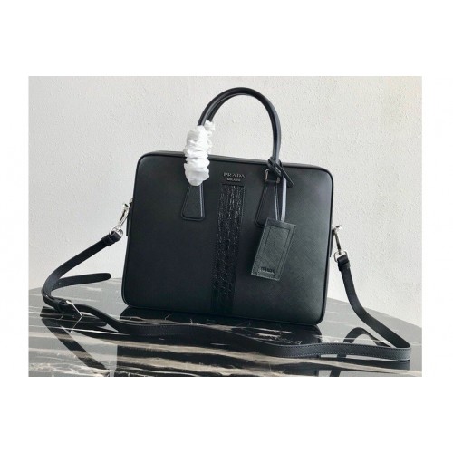 Prada 2VE368 Saffiano Leather Briefcase Bag in Black Saffiano leather With Black Web