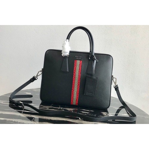 Prada 2VE368 Saffiano Leather Briefcase Bag in Black Saffiano leather With Red Gray Web