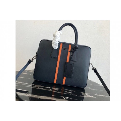 Prada 2VE368 Saffiano Leather Briefcase Bag in Navy Blue Saffiano leather With Orange Web
