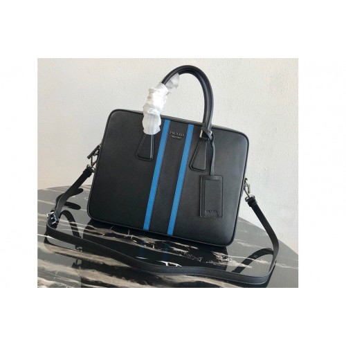 Prada 2VE368 Saffiano Leather Briefcase Bag in Black Saffiano leather With Blue Web