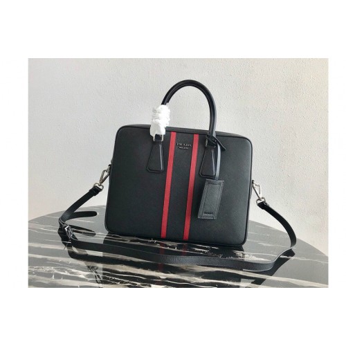 Prada 2VE368 Saffiano Leather Briefcase Bag in Black Saffiano leather With Red Web