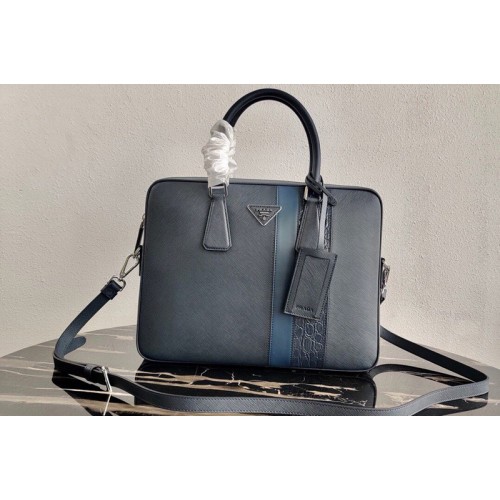 Prada 2VE368 Saffiano Leather Briefcase Bag in Navy Blue Saffiano leather With Blue Web