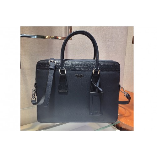 Prada 2VE368D Saffiano Leather Work Bag in Navy Blue Blue Leather