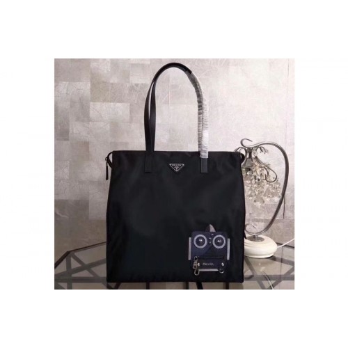 Prada Nylon Tote with Robot Applique 2VG026 Black Navy