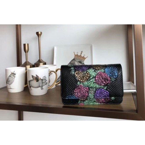 Chanel WOC Original Python Leather Flap Cross-body bags 33814 Black Flower Silver Chain