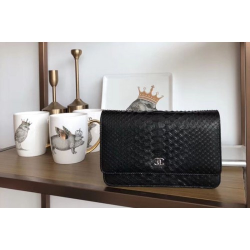 Chanel WOC Original Python Leather Flap Cross-body bags 33814 Black Silver Chain