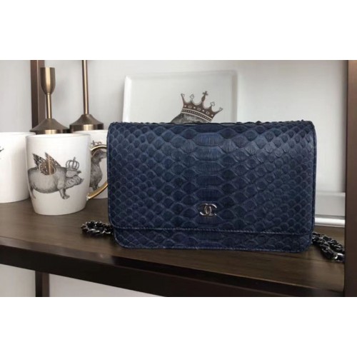 Chanel WOC Original Python Leather Flap Cross-body bags 33814 Royal Blue Silver Chain