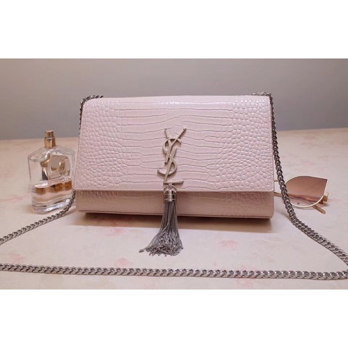 YSL Medium Kate Tassel Chain Bag Pink Crocodile Embossed Leather