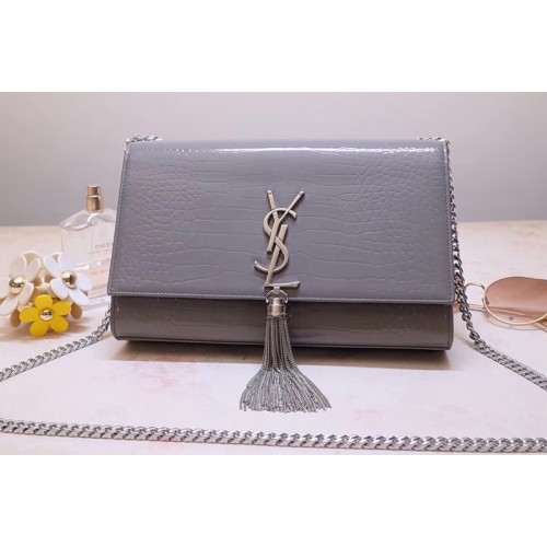 YSL Medium Kate Tassel Chain Bag Gray Crocodile Embossed Leather