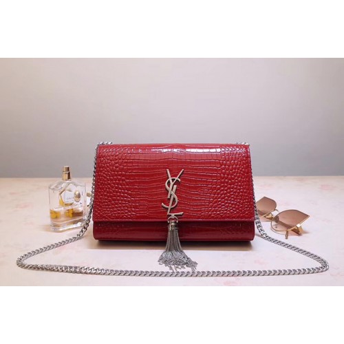 YSL Medium Kate Tassel Chain Bag Red Crocodile Embossed Leather
