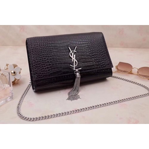 YSL Medium Kate Tassel Chain Bag Black Crocodile Embossed Leather
