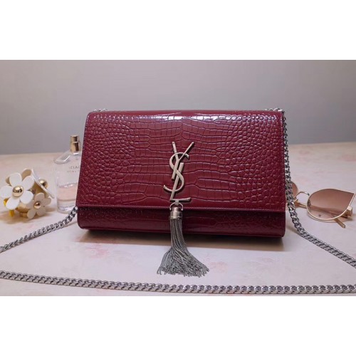YSL Medium Kate Tassel Chain Bag Wine Crocodile Embossed Leather