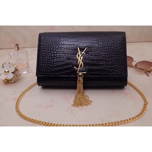 YSL Medium Kate Tassel Chain Bag Black Crocodile Embossed Leather Gold Hardware