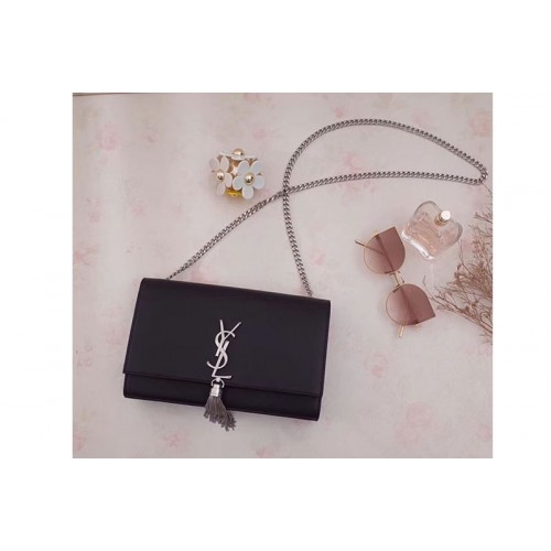 YSL Classic Medium Monogram Chain Tassel Satchel Bag Black Leather Silver Chain