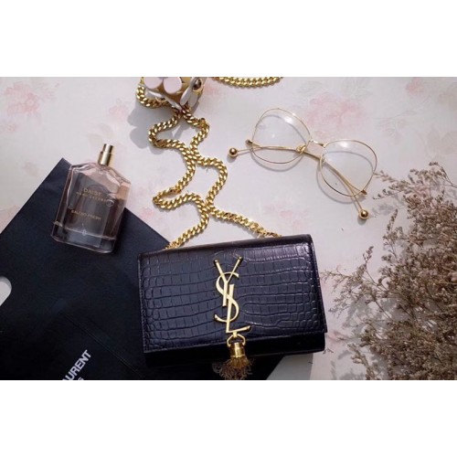 YSL Classic Monogram Satchel In Black Crocodile Embossed Leather Gold Chain