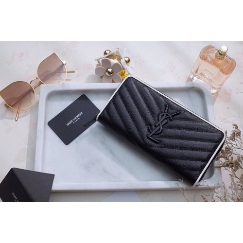 YSL Monogram Zip Around Wallet in Black Grain de Poudre Embossed Leather With Black YSL