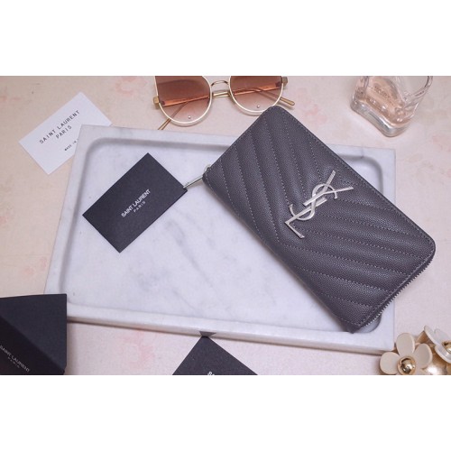 YSL Monogram Zip Around Wallet in Gray Grain de Poudre Embossed Leather With Silver YSL