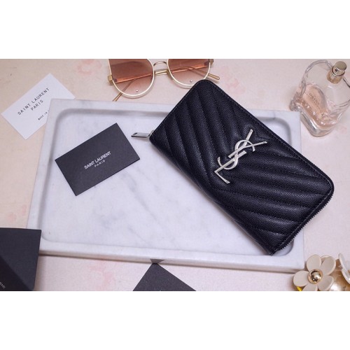 YSL Monogram Zip Around Wallet in Black Grain de Poudre Embossed Leather With Silver YSL