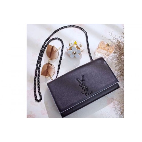 YSL Grain De Poudre Textured Leather Classic Medium Kate Monogram Satchel Bag Black White