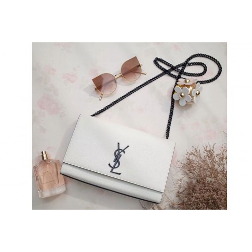 YSL Grain De Poudre Textured Leather Classic Medium Kate Monogram Satchel Bag White