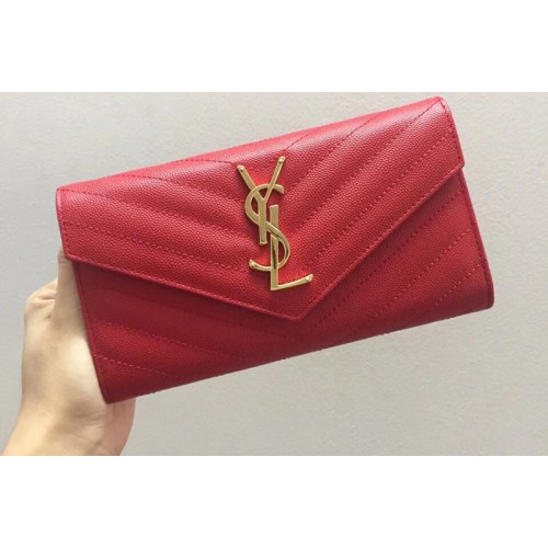 YSL Monogram Large Flap Wallet in Red Grain de Poudre Embossed Leather