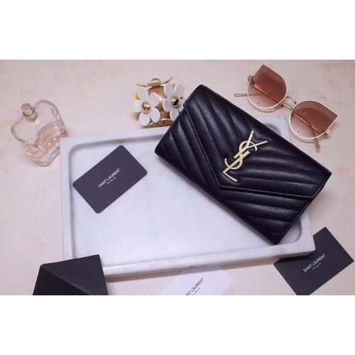 YSL Monogram Large Flap Wallet in Black Grain de Poudre Embossed Leather Gold Hardware