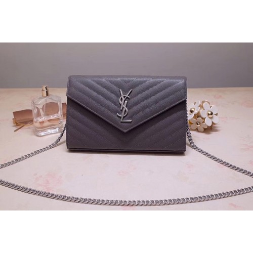 YSL Monogram Chain Wallet Bags In Gray Grain De Poudre Embossed Leather