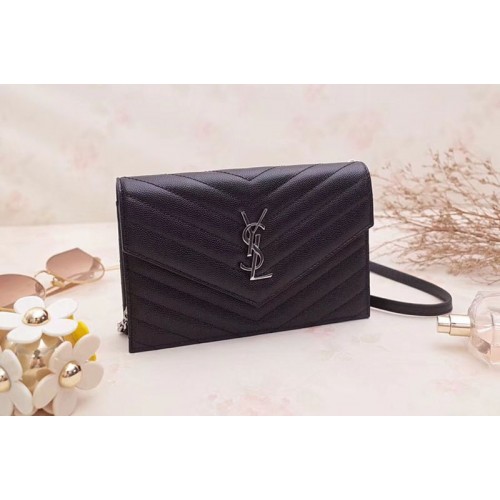 YSL Grained Calfskin Monogram Envelope Chain Wallet Black Leather Silver Chain