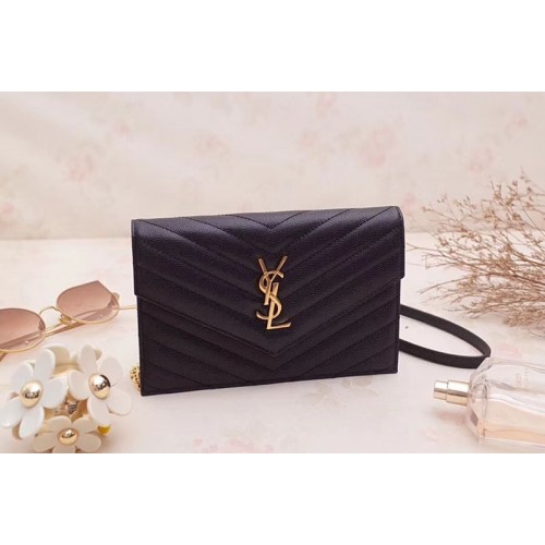 YSL Grained Calfskin Monogram Envelope Chain Wallet Black Leather Gold Chain