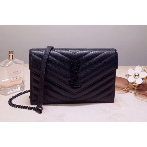 YSL Envelope Chain Wallet Bags In Black Grain De Poudre Embossed Leather