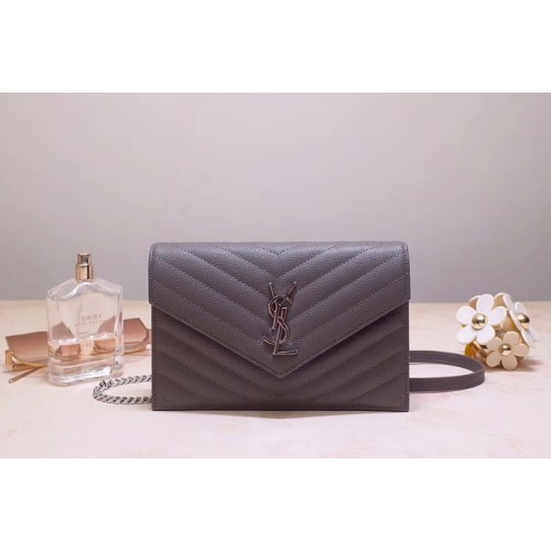YSL Envelope Chain Wallet Bags In Gray Grain De Poudre Embossed Leather