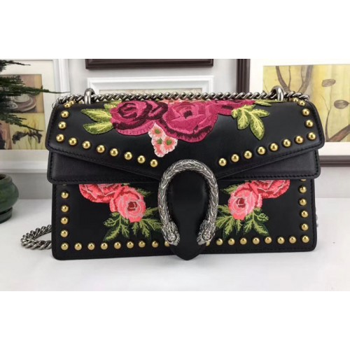 Gucci Dionysus Rose Embroidered Leather Shoulder Bag Black