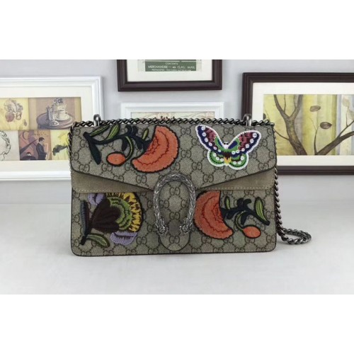 Gucci Dionysus Supreme Canvas Shoulder Bag Butterfly and Flowers Apricot