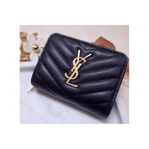 YSL Monogram Compact Zip Around Wallet In Black Grain de poudre Embossed Leather Gold Hardware