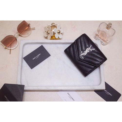 YSL Monogram Compact Tri Fold Wallet In Black Grain De Poudre Embossed Leather Silver YSL