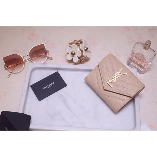 YSL Monogram Compact Tri Fold Wallet In Pink Grain De Poudre Embossed Leather Gold YSL