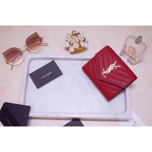 YSL Monogram Compact Tri Fold Wallet In Red Grain De Poudre Embossed Leather Gold YSL
