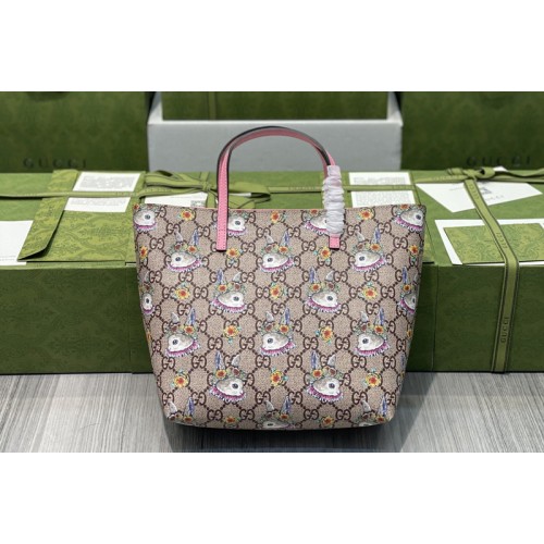 Gucci Childrens ranch tote Bag in Beige ebony Supreme canvas with print