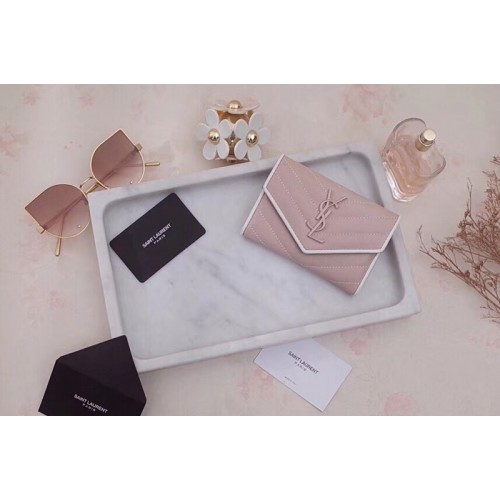YSL Small Monogram Envelope Wallet Pink Grain de Poudre Embossed Leather