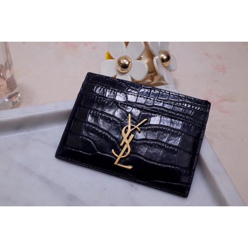 YSL Monogram Card Case In Black Shiny Crocodile Embossed Leather Gold YSL