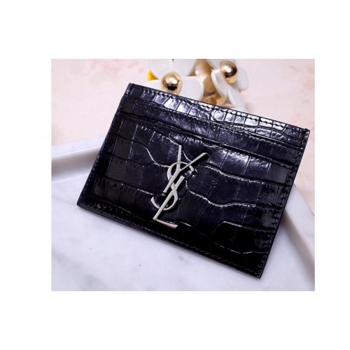 YSL Monogram Card Case In Black Shiny Crocodile Embossed Leather Silver Hardware