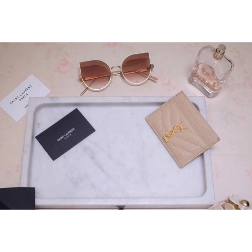 YSL Monogram Card Case In Pink Grain de Poudre Embossed Leather