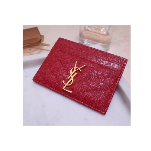 YSL Monogram Card Case In Red Grain de Poudre Embossed Leather
