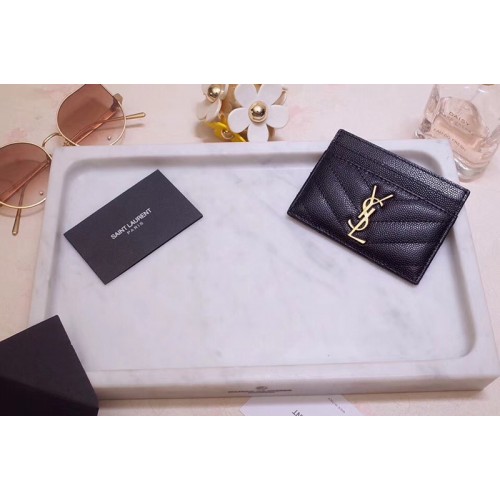 YSL Monogram Card Case In Black Grain de Poudre Embossed Leather Gold YSL