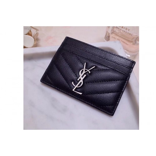 YSL Monogram Card Case In Black Grain de Poudre Embossed Leather Silver YSL