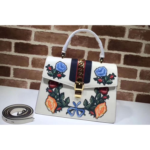 Gucci Sylvie Embroidered Leather Top Handle Bag White