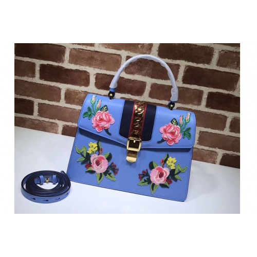 Gucci Sylvie Embroidered Leather Top Handle Bag Blue