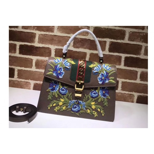 Gucci Sylvie Embroidered Leather Top Handle Bag Coffee